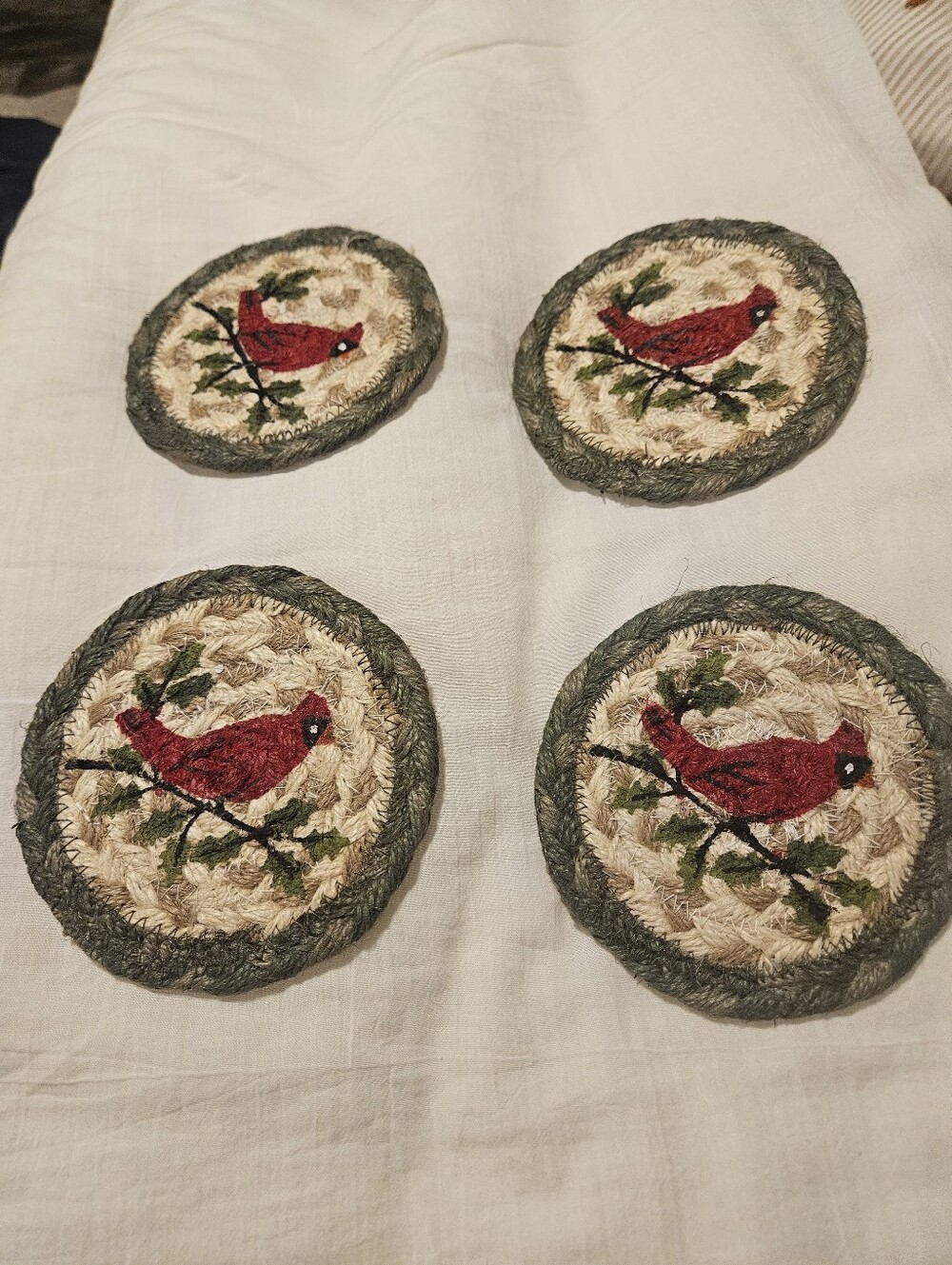 Hand-Embroidered Cardinal Coasters Set - Red and Green